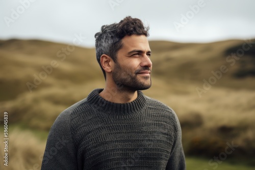 Portrait of a handsome young man with dark hair and beard in a knitted sweater standing in the countryside