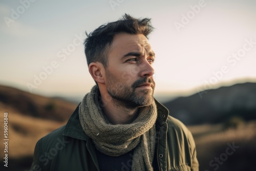 Medium shot portrait photography of a pleased man in his 30s wearing a cozy sweater against a hillside or rolling hills background. Generative AI