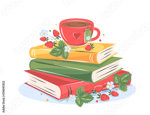 Books, cup coffee or tea with with flowers and strawberries on white background.  Design for summer greeting card for library or bookstore. Vector illustration