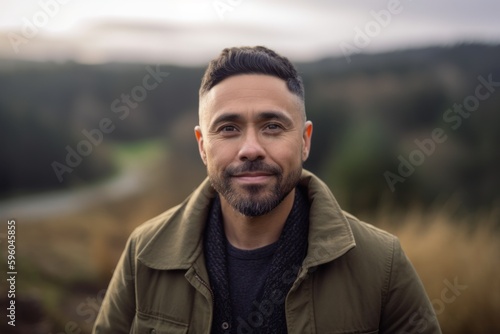 Portrait of a handsome man with beard and mustache in the countryside