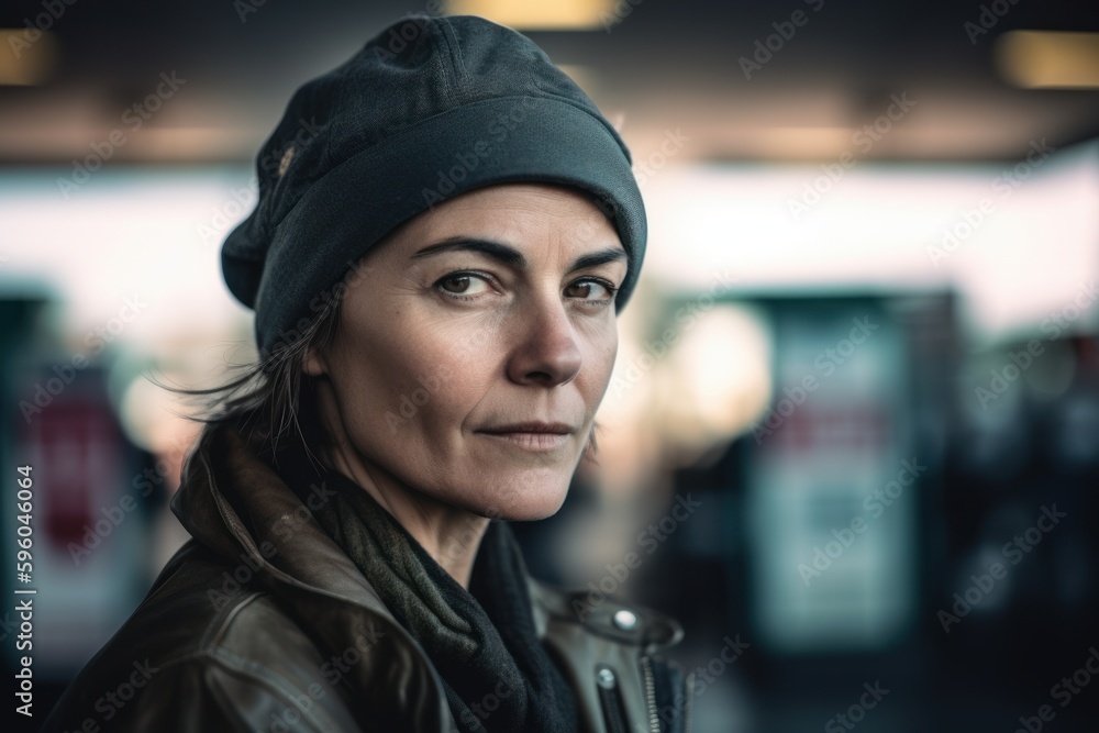 Portrait of a beautiful woman with hat and jacket in the city Portrait of a beautiful woman with hat and jacket in the city