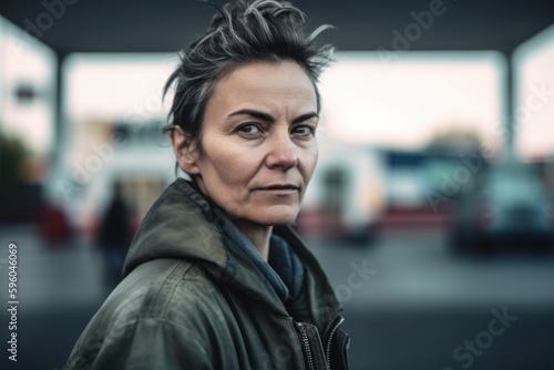 Portrait of a middle-aged woman in a green jacket on the street © Robert MEYNER