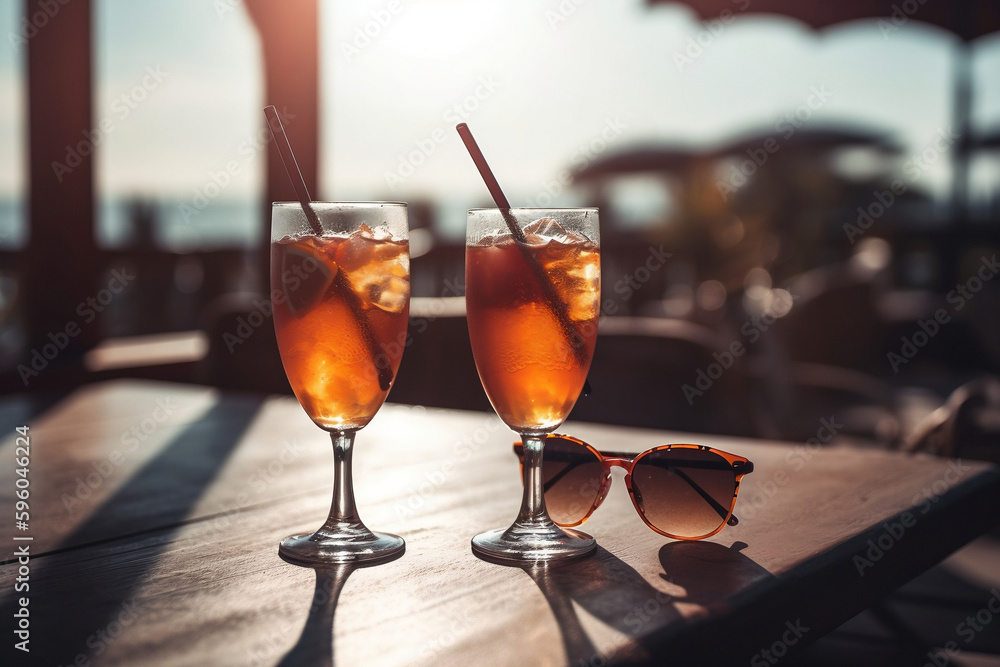 Two cocktails and sunglasses at a beach restaurant, honeymoon Two cocktails and sunglasses at a beach restaurant, honeymoon