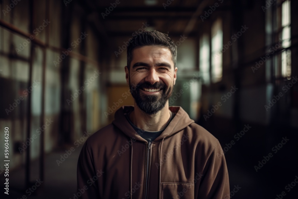 Portrait of a smiling bearded man in a brown coat in an abandoned factory Portrait of a smiling bearded man in a brown coat in an abandoned factory