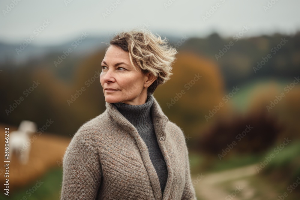 Portrait of a beautiful middle-aged woman with short blond hair in a knitted sweater on the background of an autumn landscape. Portrait of a beautiful middle-aged woman with short blond hair in a knitted sweater on the background of an autumn landscape.