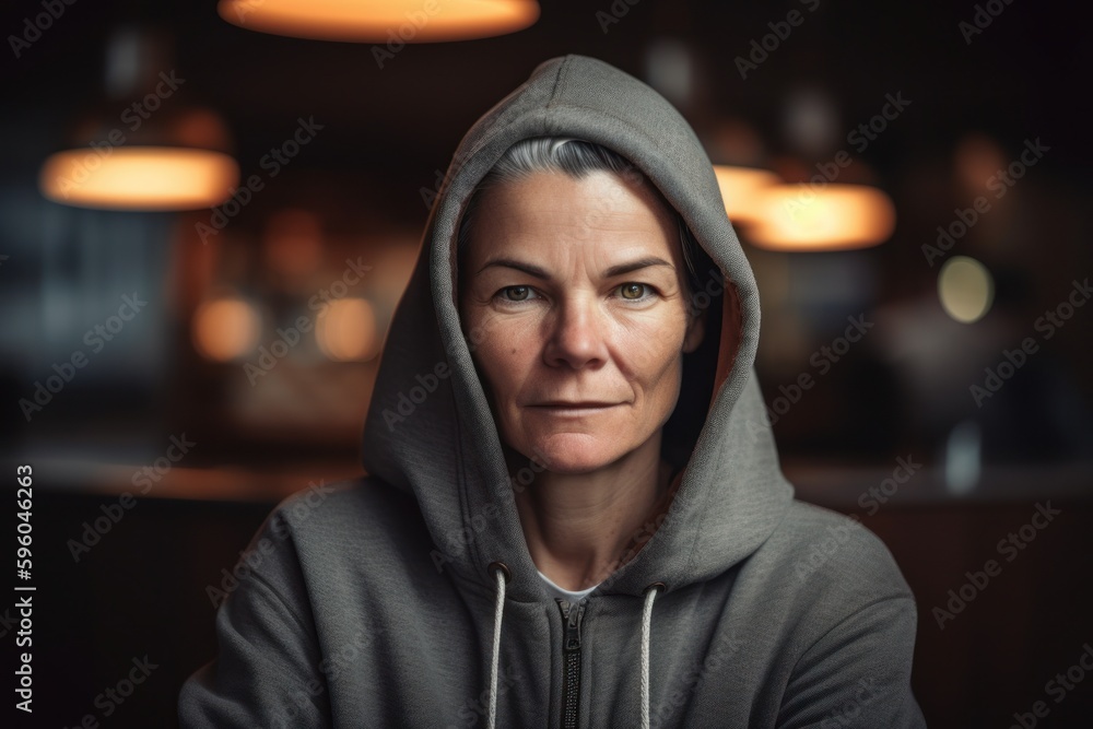 Portrait of a mature woman wearing hoodie in a cafe. Portrait of a mature woman wearing hoodie in a cafe.