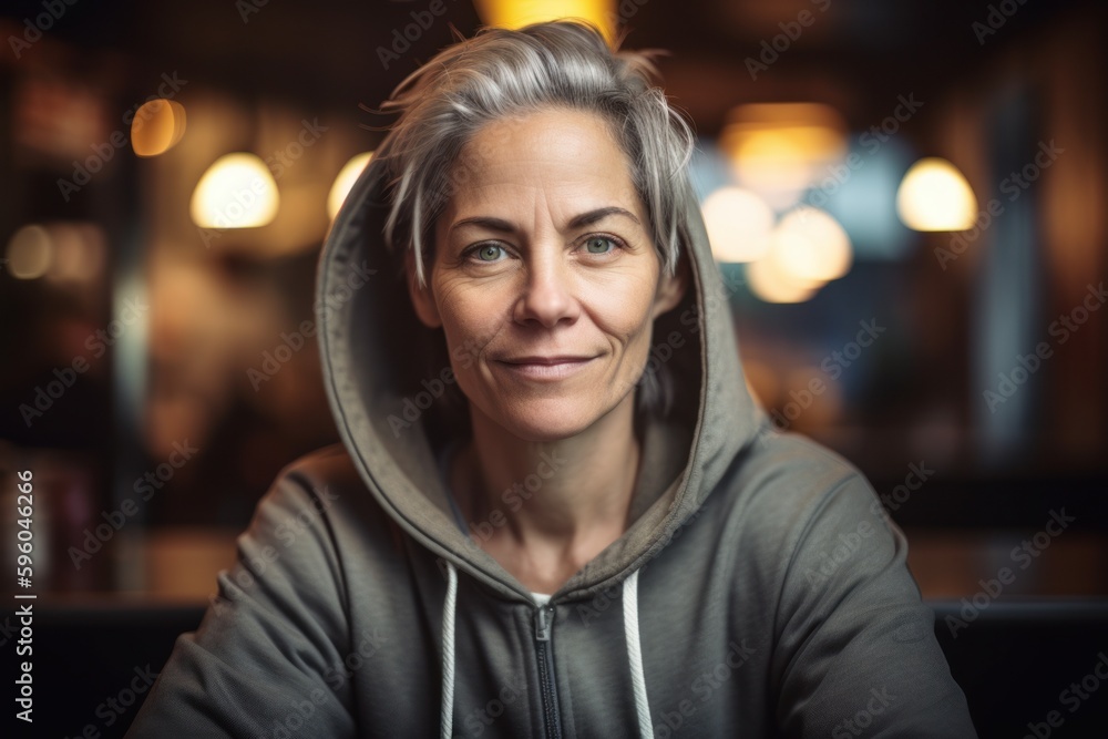 Portrait of smiling woman in hoodie at bar counter in pub Portrait of smiling woman in hoodie at bar counter in pub