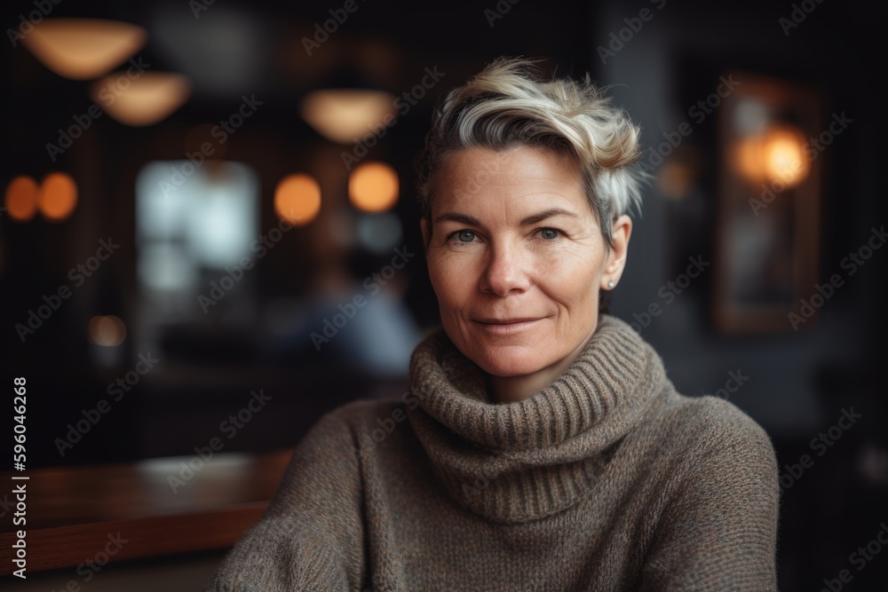 Portrait of mature woman with short blond hair in knitted sweater at cafe Portrait of mature woman with short blond hair in knitted sweater at cafe