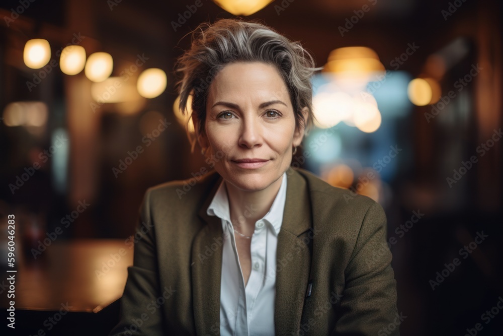 Portrait of confident mature businesswoman sitting at table in coffee shop Portrait of confident mature businesswoman sitting at table in coffee shop