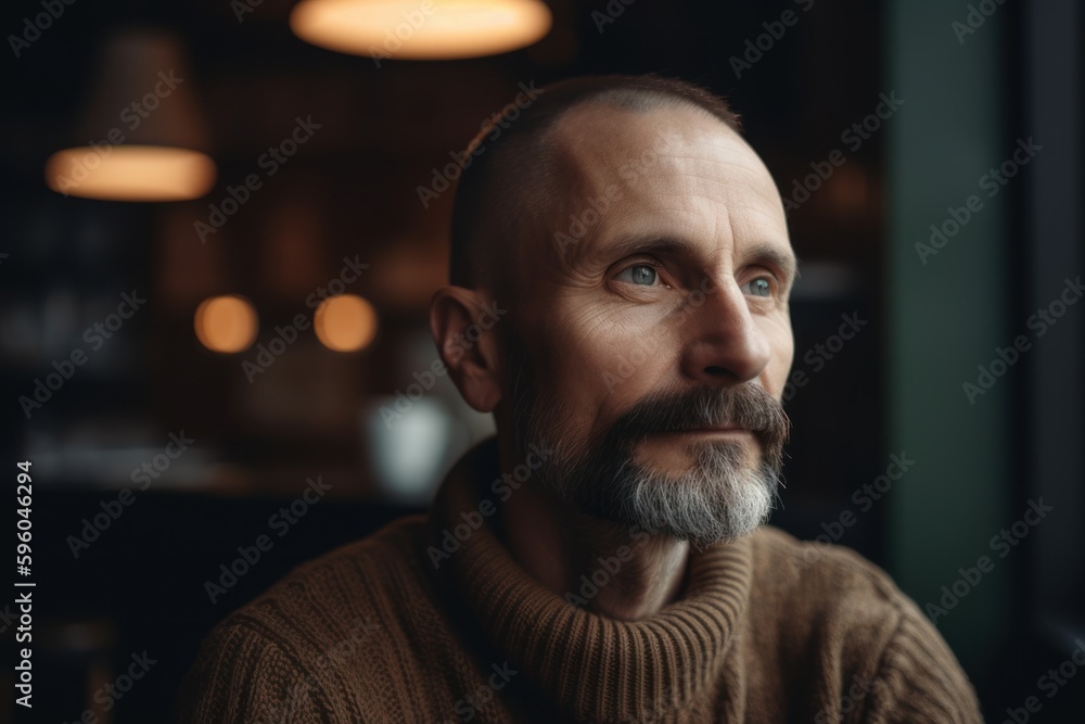 Portrait of handsome mature man with gray beard looking away while sitting in cafe Portrait of handsome mature man with gray beard looking away while sitting in cafe