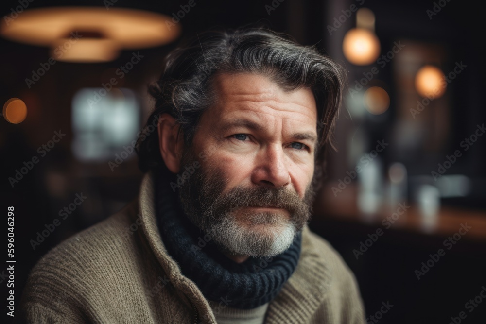 Portrait of mature bearded man in knitted sweater sitting in cafe Portrait of mature bearded man in knitted sweater sitting in cafe