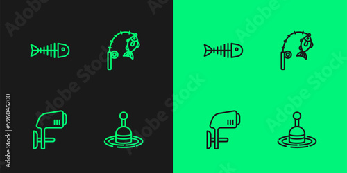 Set line Fishing float in water, Outboard boat motor, skeleton and rod and fish icon. Vector