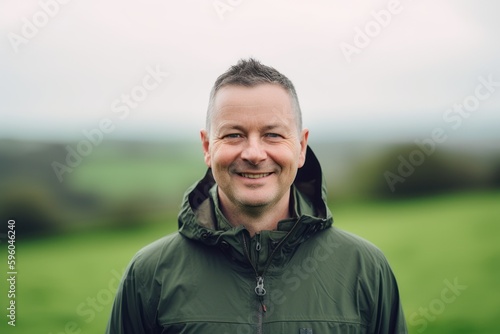 Portrait of a smiling man in a green jacket standing in a field.