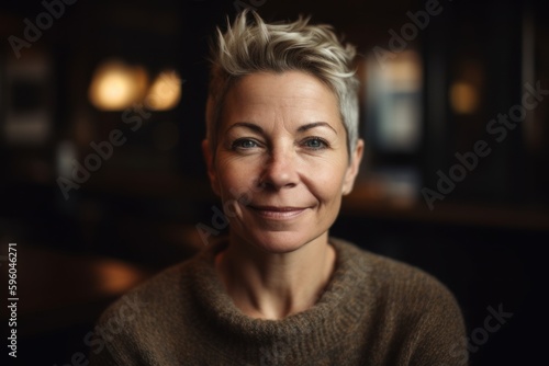 Portrait of mature woman smiling at camera in coffee shop, closeup