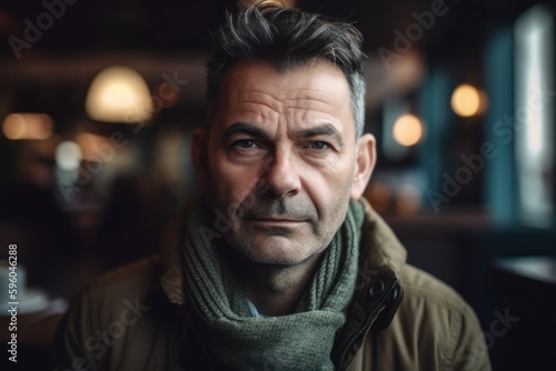 Portrait of a middle-aged man in a coffee shop.