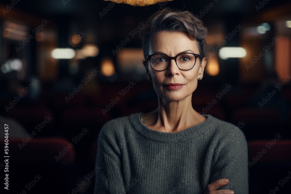 Portrait of mature businesswoman in eyeglasses standing in cinema Portrait of mature businesswoman in eyeglasses standing in cinema