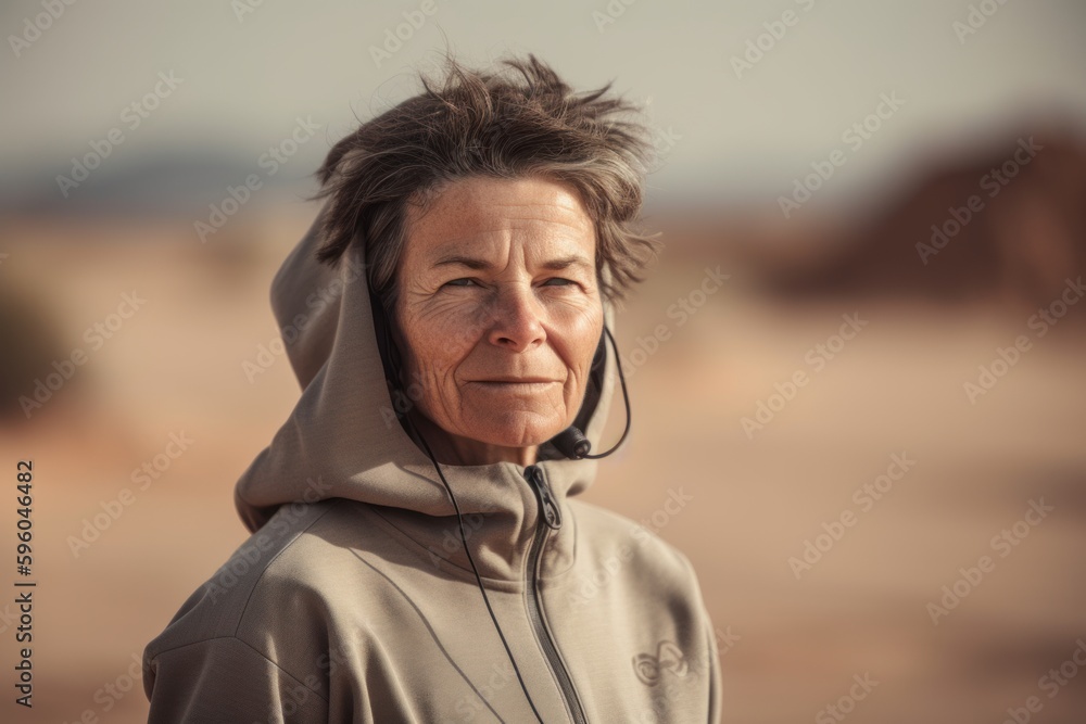 Portrait of an elderly woman in the middle of the desert.