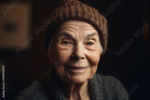 Portrait of a smiling elderly woman in a knitted cap.