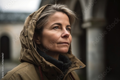 Portrait of a beautiful middle-aged woman in a raincoat.