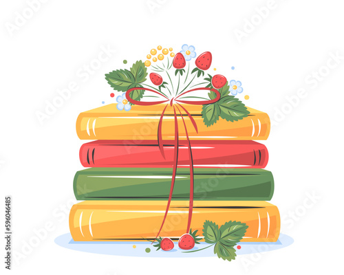 Books with flowers and strawberries on white background.  Design for summer greeting card for library or bookstore. Vector illustration