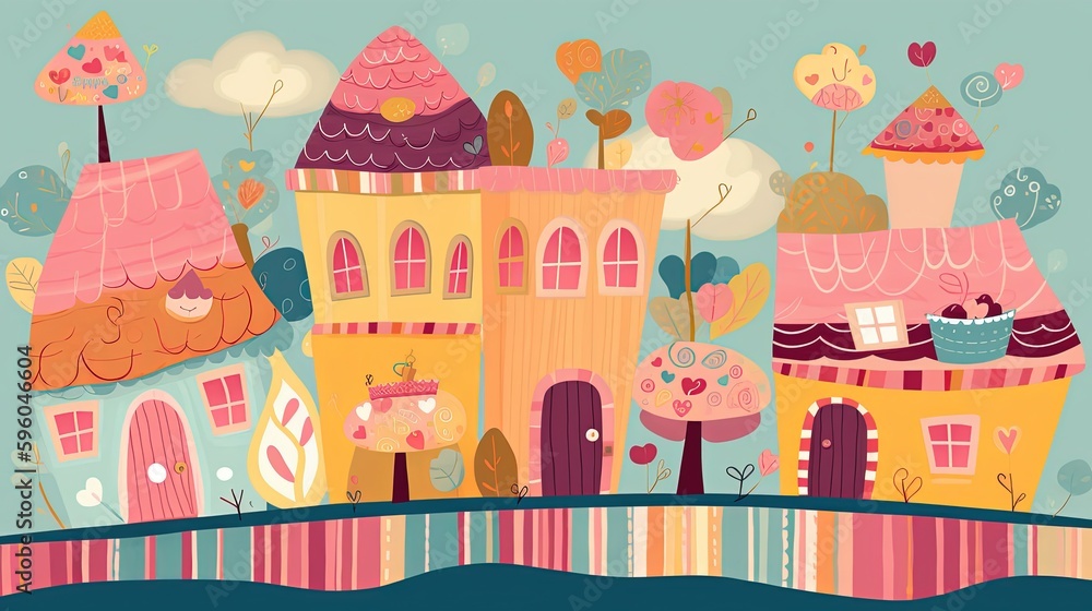  cute fairytale children book style illustration art, cute candy dessert village, Generative Ai
