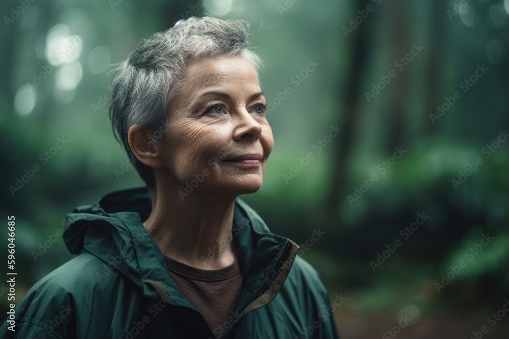 Portrait of a smiling senior woman in a green jacket looking away in the forest Portrait of a smiling senior woman in a green jacket looking away in the forest