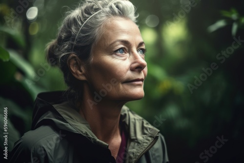 Portrait of a middle-aged woman in a rainforest.
