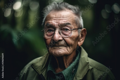 Portrait of an old Asian man with glasses in the park.