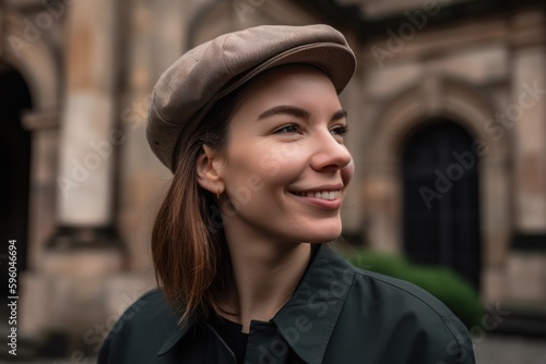 portrait of smiling young woman in beret looking away in city