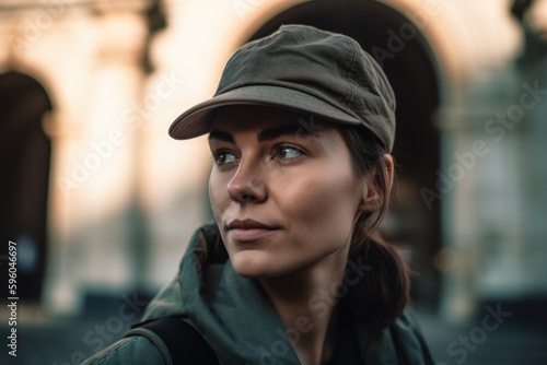 portrait of beautiful young woman in cap looking away while standing outdoors © Robert MEYNER