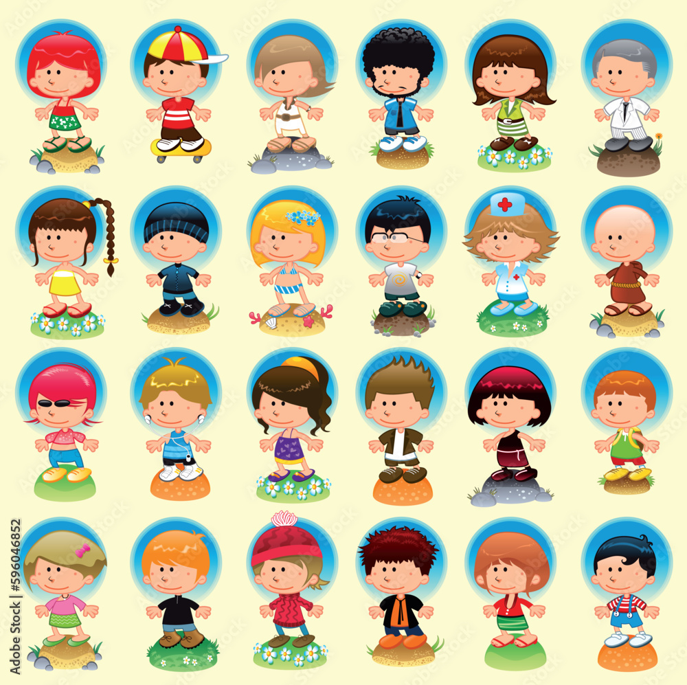 People with background, cartoon and vector illustration with funny characters