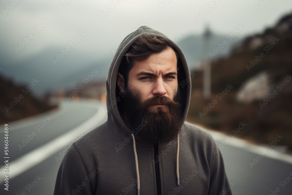 Portrait of a man with a beard and mustache in a hood on a mountain road Portrait of a man with a beard and mustache in a hood on a mountain road