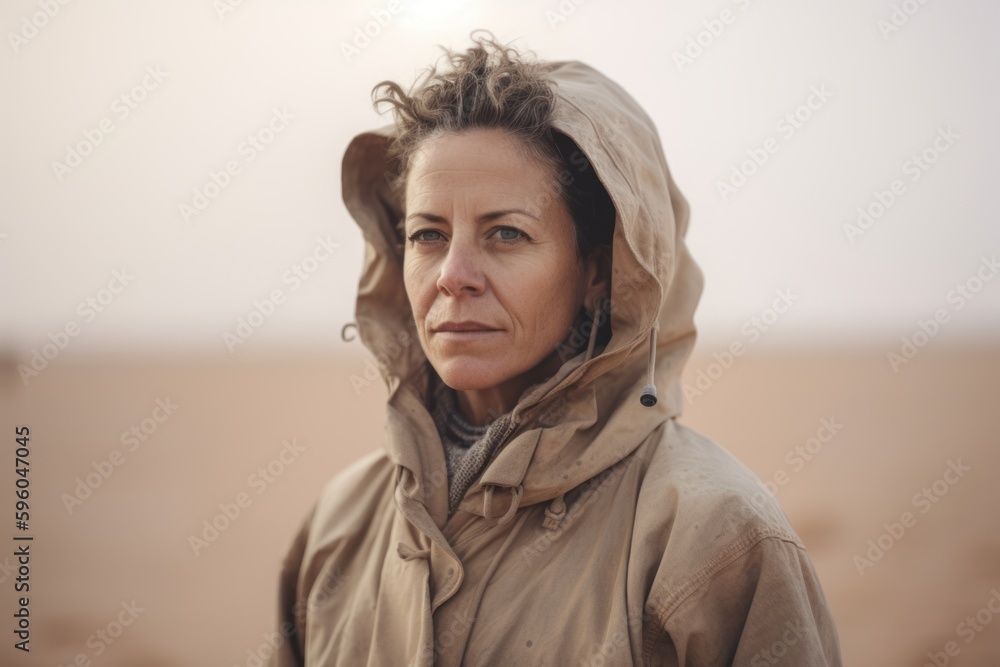 Portrait of a middle-aged woman wearing a raincoat in the desert Portrait of a middle-aged woman wearing a raincoat in the desert