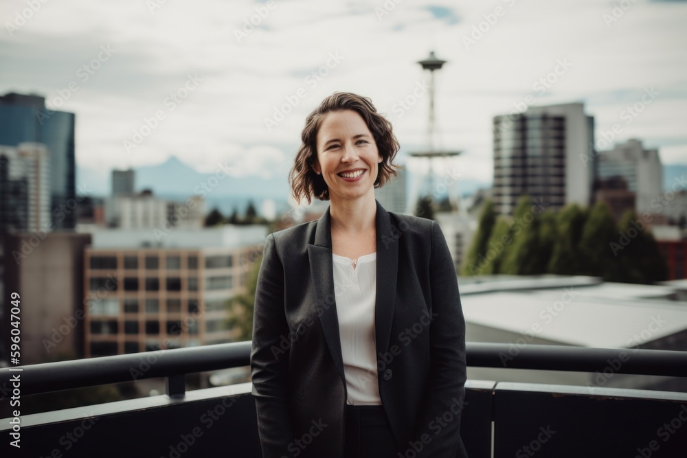Portrait of a smiling businesswoman standing on a rooftop in the city Portrait of a smiling businesswoman standing on a rooftop in the city