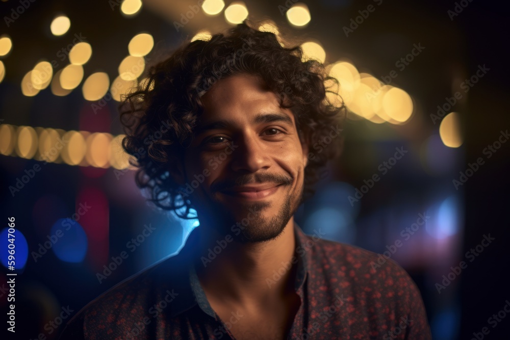 Portrait of a handsome young man with curly hair in a nightclub