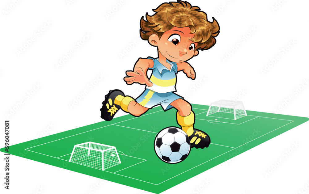 Baby Soccer Player with background. Cartoon and vector illustration.