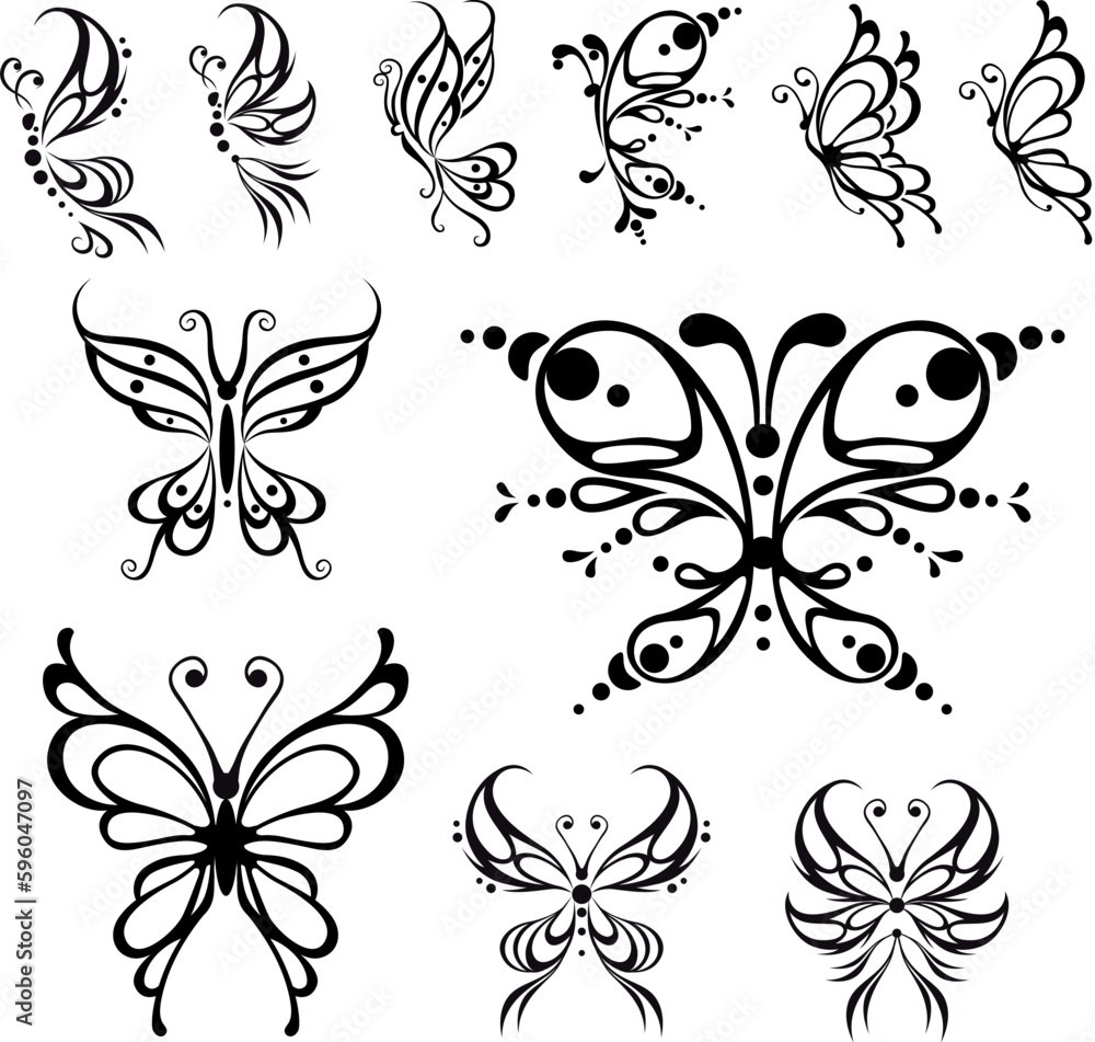 Butterfly tattoo. Vector Illustration, isolated black and white objects. Butterfly tattoo. Vector Illustration, isolated black and white objects.