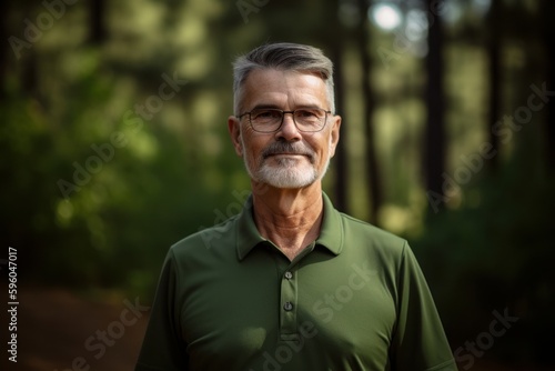 Portrait of a senior man standing in the forest. Looking at camera.