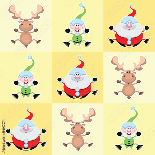 Christmas cartoon characters in a yellow square. Vector illustration
