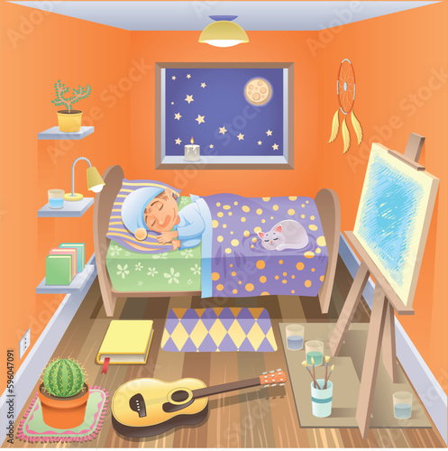 Boy is sleeping in his bedroom, cartoon and vector scene © Designpics