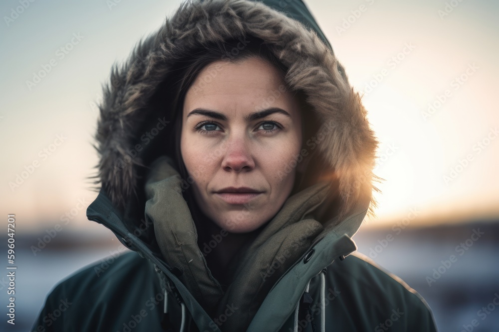 Portrait of a beautiful young woman in a winter jacket and hood Portrait of a beautiful young woman in a winter jacket and hood