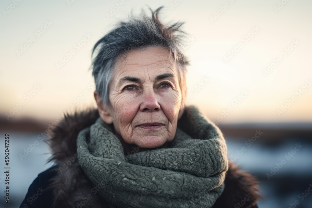 Portrait of a senior woman in winter clothes. Selective focus.