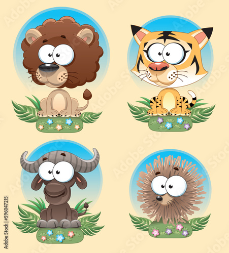 Funny Animal of Africa. Cartoon and vector characters with background.