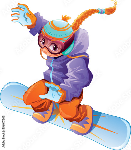Young snowboarder girl. Vector cartoon sport character.