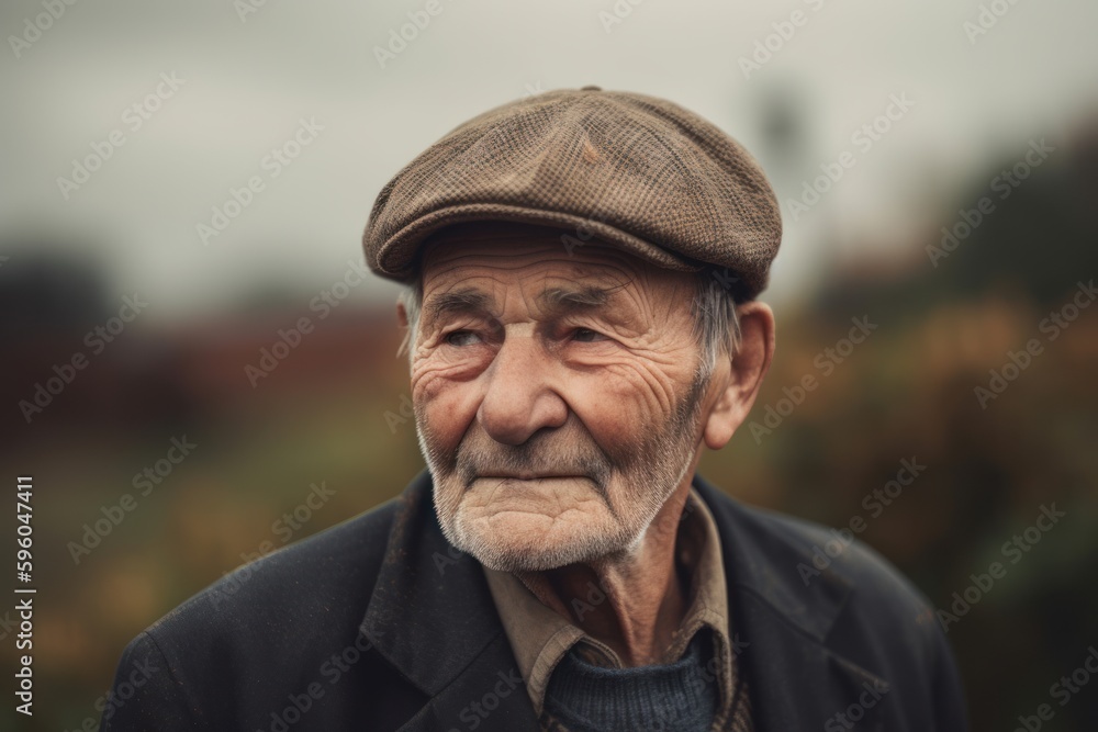 Portrait of an old man with cap on his head in the countryside