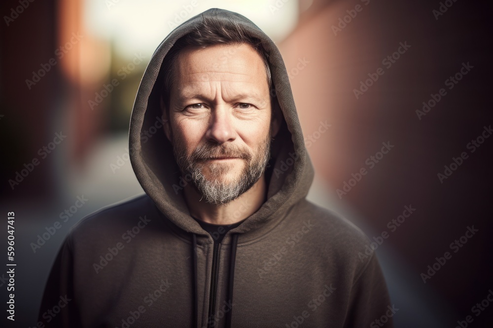 Portrait of a senior man with a gray beard wearing a hooded sweatshirt. Portrait of a senior man with a gray beard wearing a hooded sweatshirt.