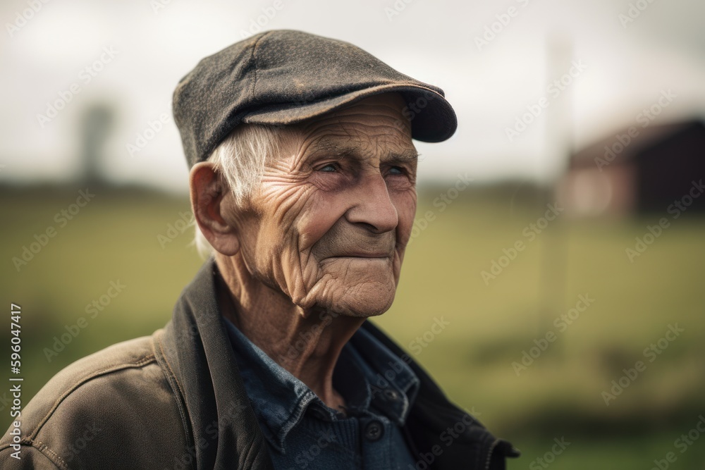 Lifestyle portrait photography of a satisfied elderly man in his 90s wearing a cool cap or hat against a countryside or rural background. Generative AI - obrazy, fototapety, plakaty 