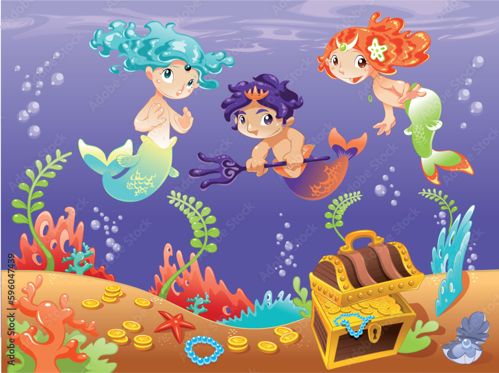 Fototapeta premium Baby Sirens and Baby Triton with background. Funny cartoon and vector illustration.