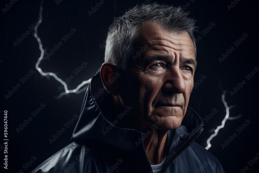 Fototapeta premium Lifestyle portrait photography of a satisfied man in his 50s wearing a comfortable tracksuit against a lightning storm or thunderstorm background. Generative AI