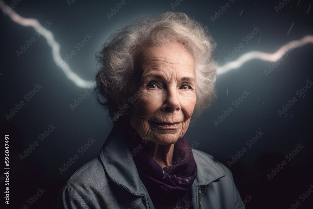 Portrait of a beautiful senior woman with lightning in the background.